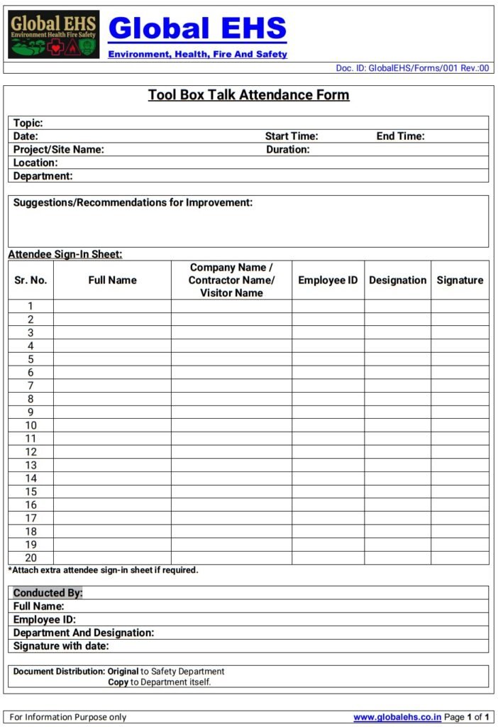 Tool Box Talk Attendance Form Sheet Global EHS