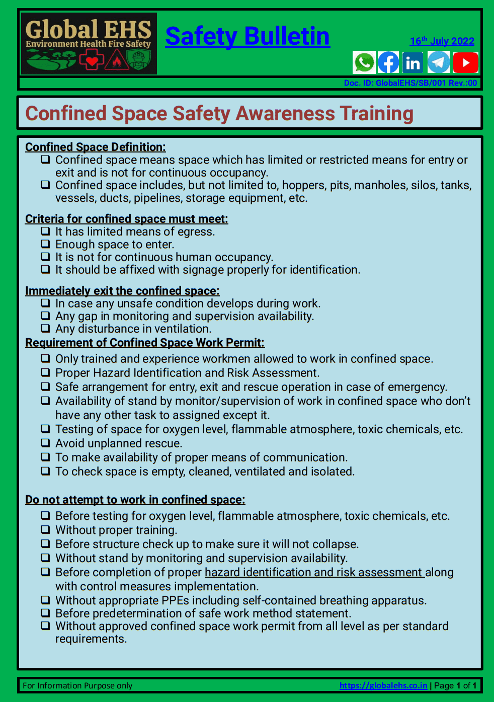 Confined Space Safety Awareness Training Safety Bulletin 9006