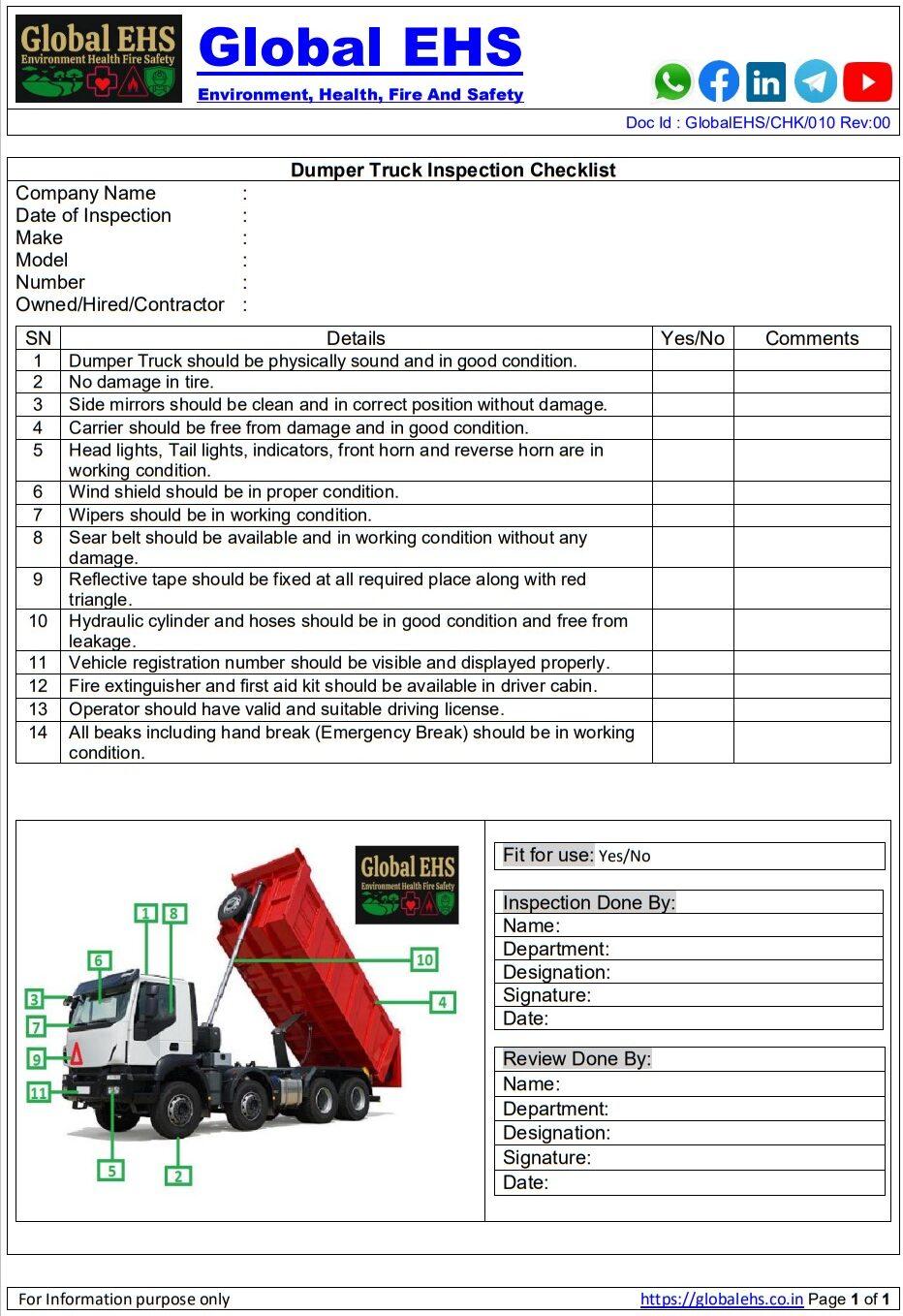 Dumper Truck Inspection Checklist 6987