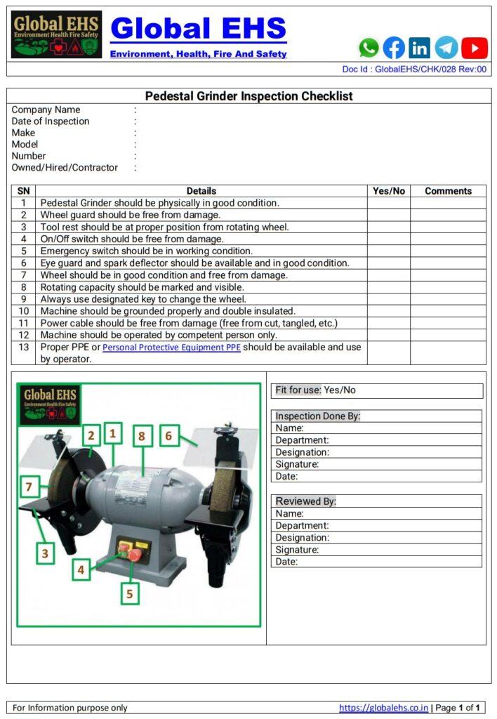Pedestal Grinder Safety Inspection Checklist