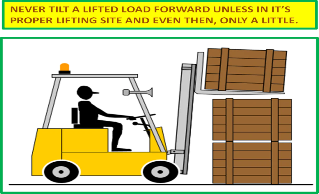 NEVER TILT A LIFTED LOAD FORWARD UNLESS IN IT’S PROPER LIFTING SITE AND EVEN THEN, ONLY A LITTLE.