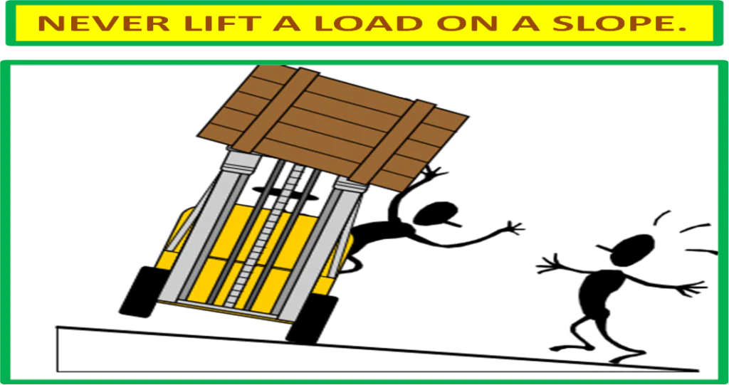 Forklift Safety : NEVER LIFT A LOAD ON A SLOPE.
