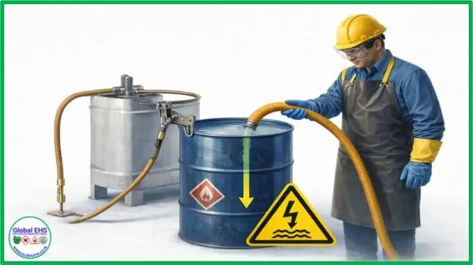 Safe Chemical Drum Filling Procedure Chemical drum filling safety procedure with grounded container and splash prevention hose setup