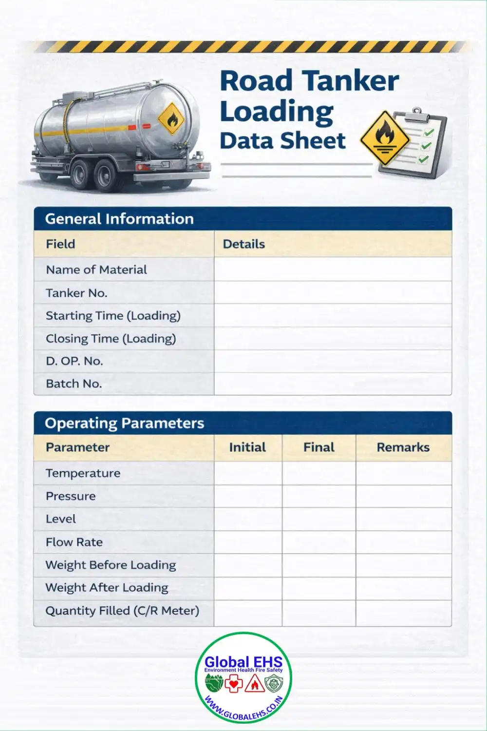 Road Tanker Loading Unloading Data Sheet Format Road tanker loading unloading data sheet template for documentation purpose.