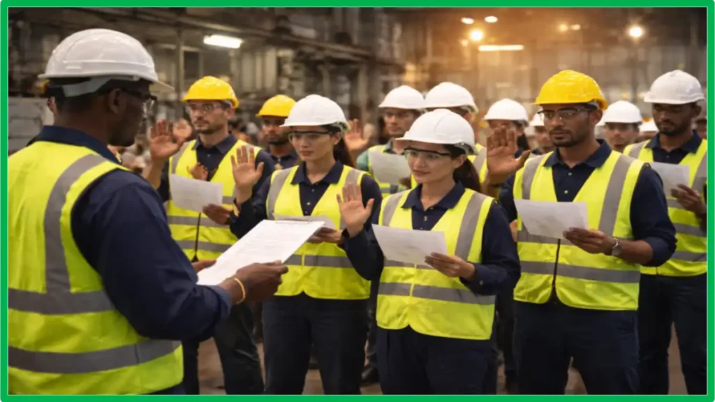 Employees taking safety pledge during National Safety Day 2026 ceremony