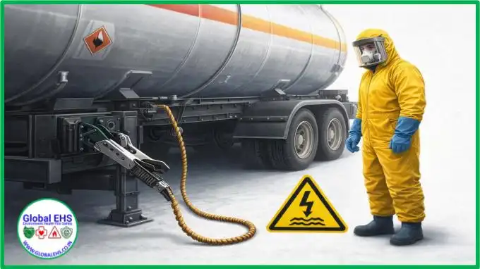 Tanker Grounding for Chemical Loading Unloading Safety Proper grounding cable attached to road tanker during chemical loading to prevent static electricity ignition