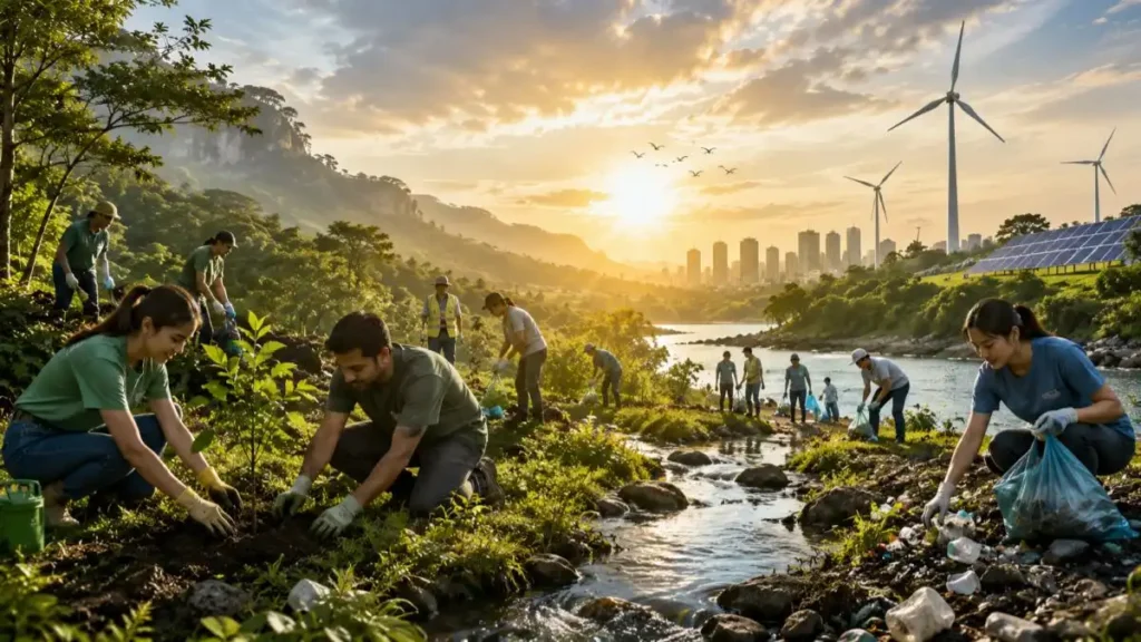 People planting trees and reducing pollution through climate action and environmental protection initiatives