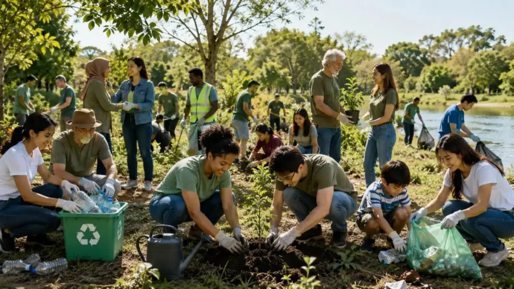 Community participation in environmental awareness programs including tree planting cleanup campaigns and recycling initiatives