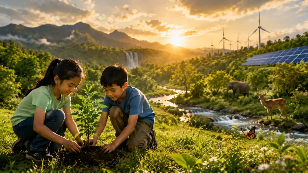 Children protecting the environment through tree planting and nature conservation activities